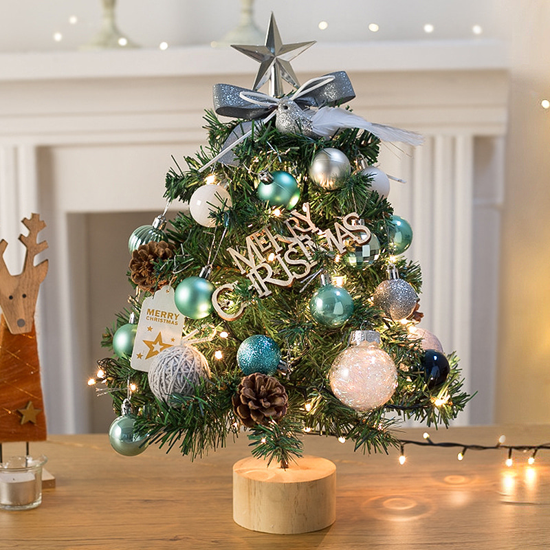 OMT 크리스마스 트리 블루 원목받침대 미니트리 풀세트 45cm OL-TR06 감성 트리+전구+장식